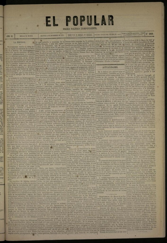 Miniatura de El Popular: diario independiente, político, literario y de noticias de interés general del 4 de diciembre de 1877, nº 2553