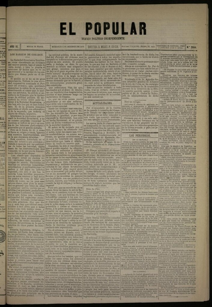 Miniatura de El Popular: diario independiente, político, literario y de noticias de interés general del 5 de diciembre de 1877, nº 2554
