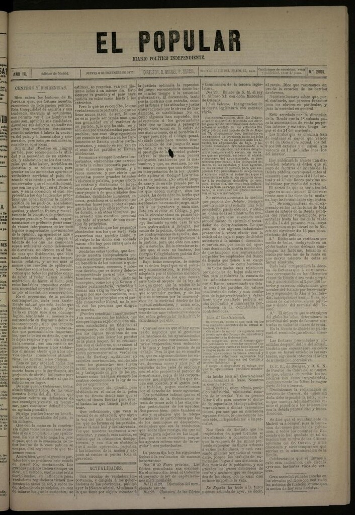Miniatura de El Popular: diario independiente, político, literario y de noticias de interés general del 6 de diciembre de 1877, nº 2555