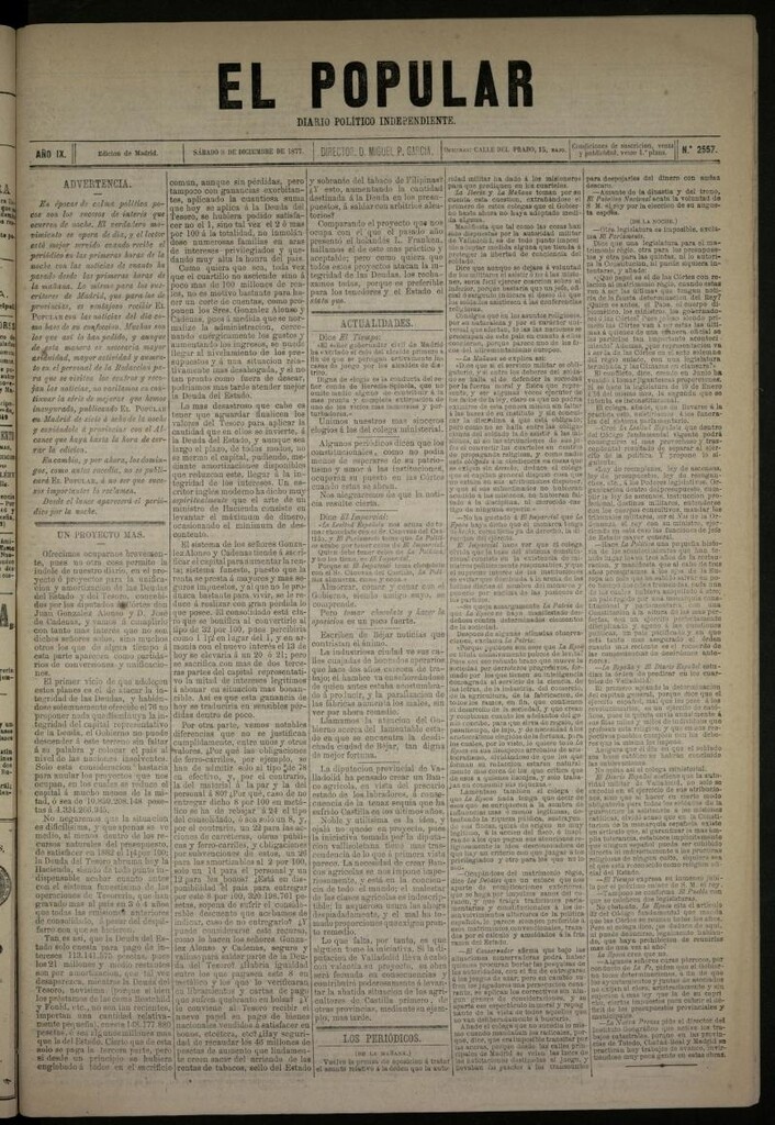 Miniatura de El Popular: diario independiente, político, literario y de noticias de interés general del 8 de diciembre de 1877, nº 2557