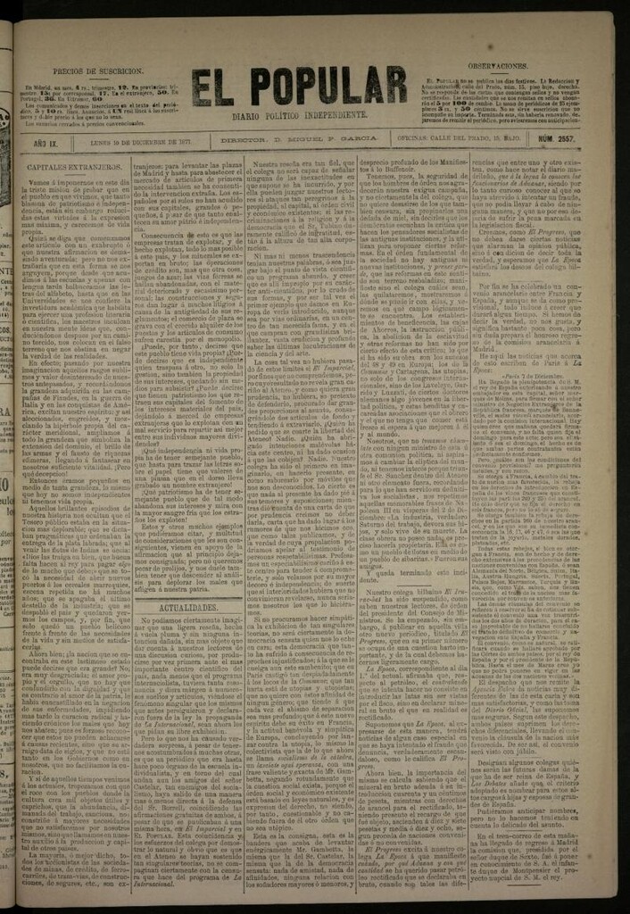 Miniatura de El Popular: diario independiente, político, literario y de noticias de interés general del 10 de diciembre de 1877, nº 2557 [sic]