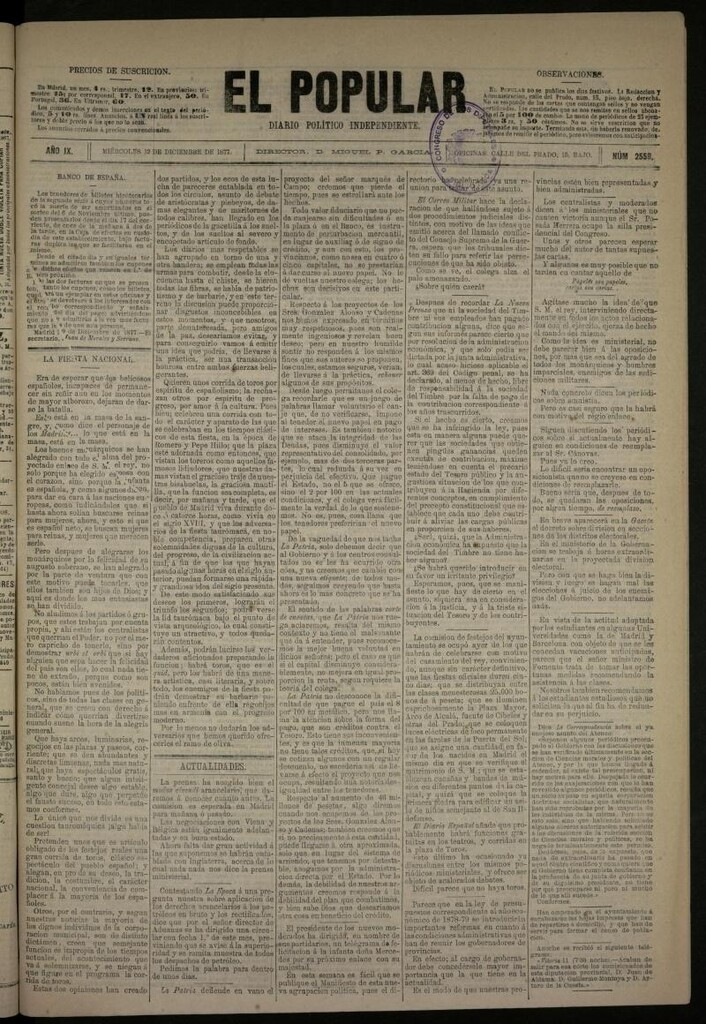 Miniatura de El Popular: diario independiente, político, literario y de noticias de interés general del 12 de diciembre de 1877, nº 2559