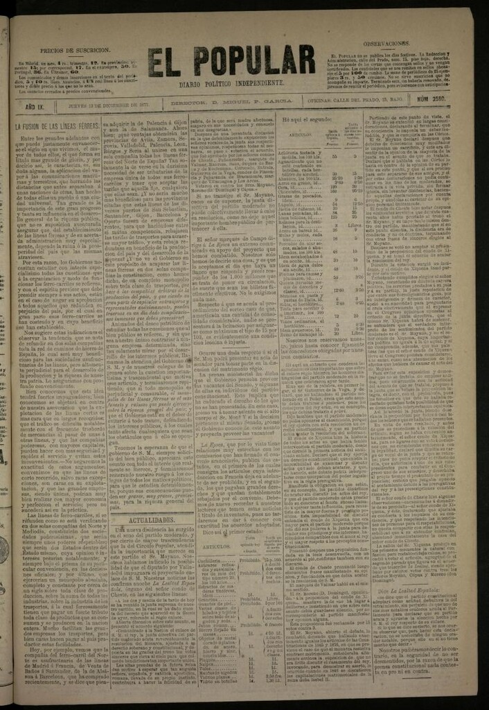 Miniatura de El Popular: diario independiente, político, literario y de noticias de interés general del 13 de diciembre de 1877, nº 2560