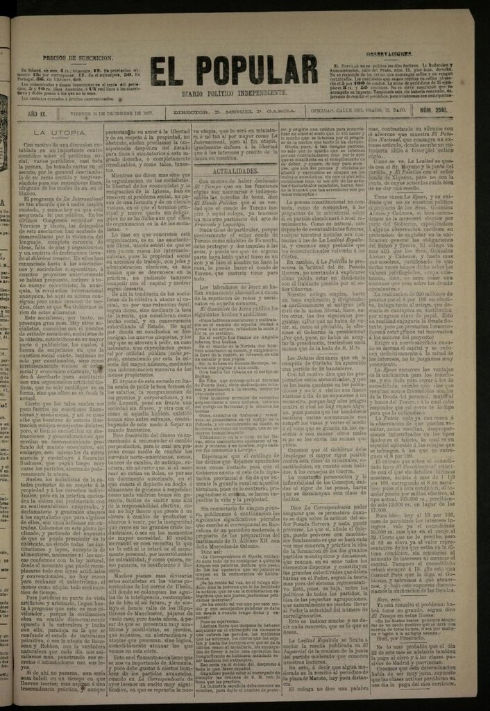 Miniatura de El Popular: diario independiente, político, literario y de noticias de interés general del 14 de diciembre de 1877, nº 2561