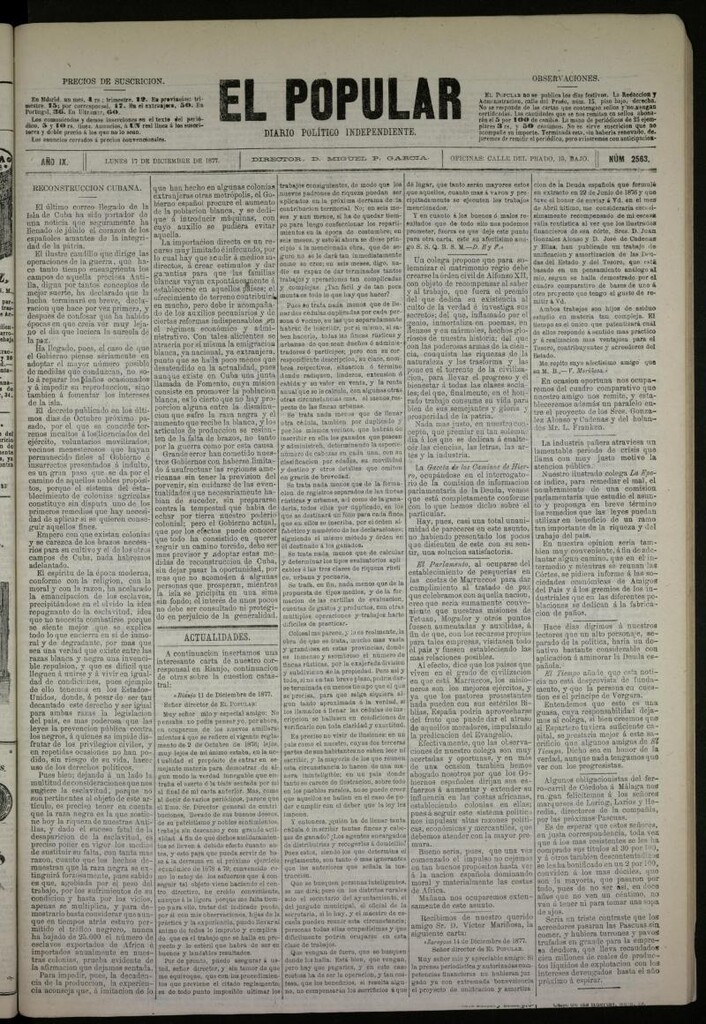Miniatura de El Popular: diario independiente, político, literario y de noticias de interés general del 17 de diciembre de 1877, nº 2563