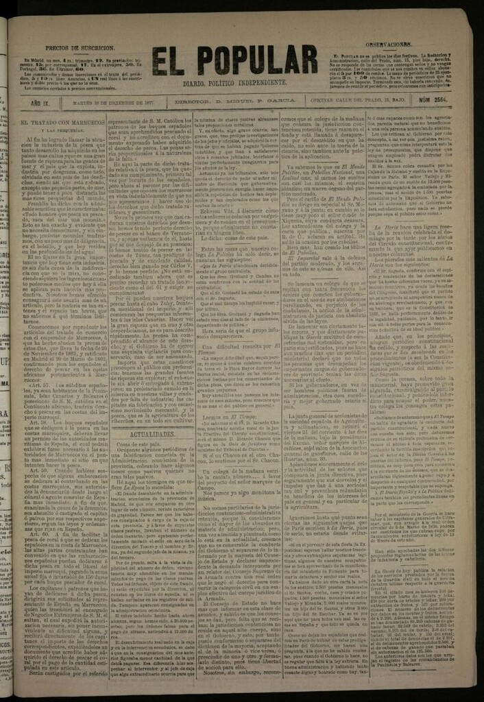 Miniatura de El Popular: diario independiente, político, literario y de noticias de interés general del 18 de diciembre de 1877, nº 2564