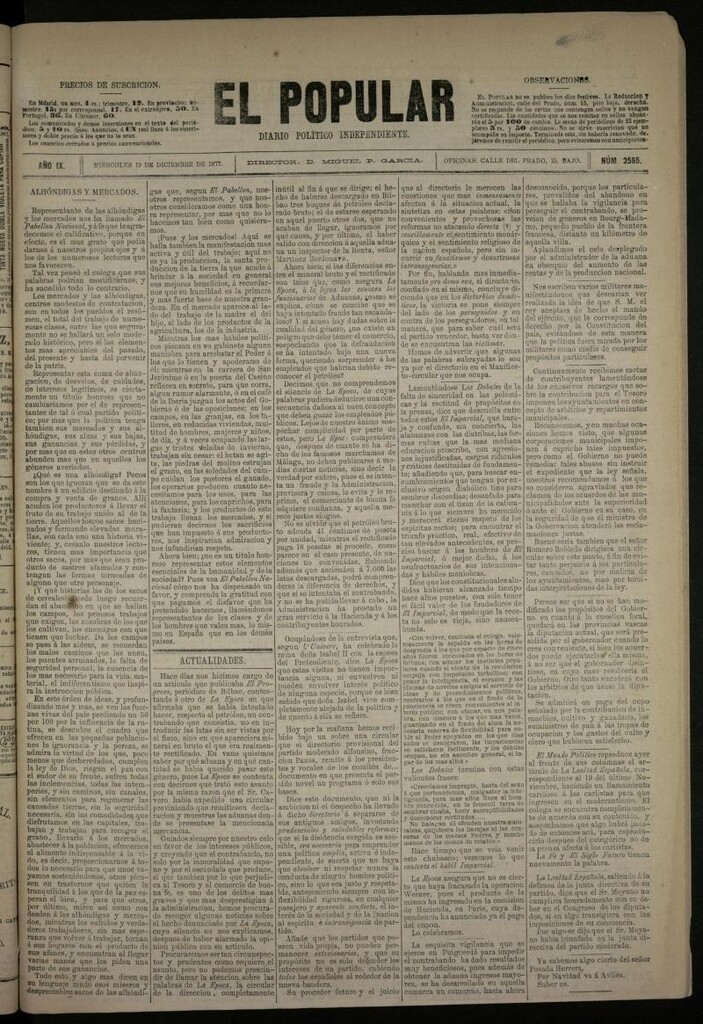 Miniatura de El Popular: diario independiente, político, literario y de noticias de interés general del 19 de diciembre de 1877, nº 2565