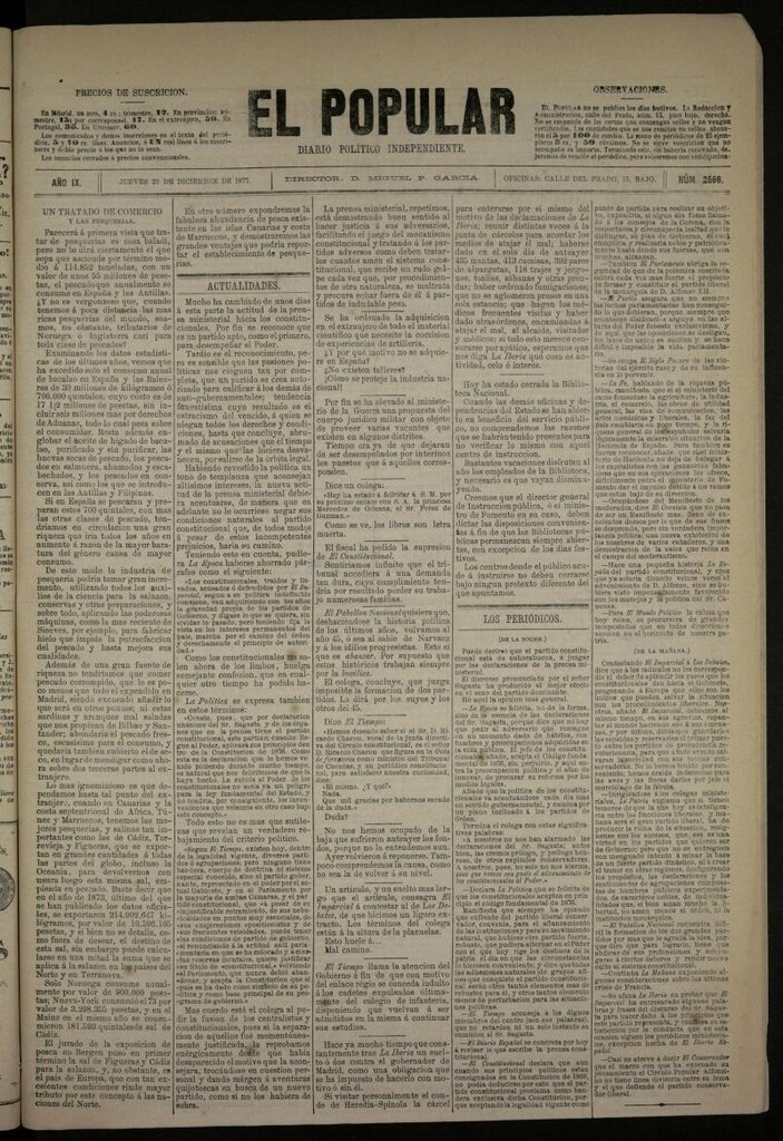 Miniatura de El Popular: diario independiente, político, literario y de noticias de interés general del 20 de diciembre de 1877, nº 2566
