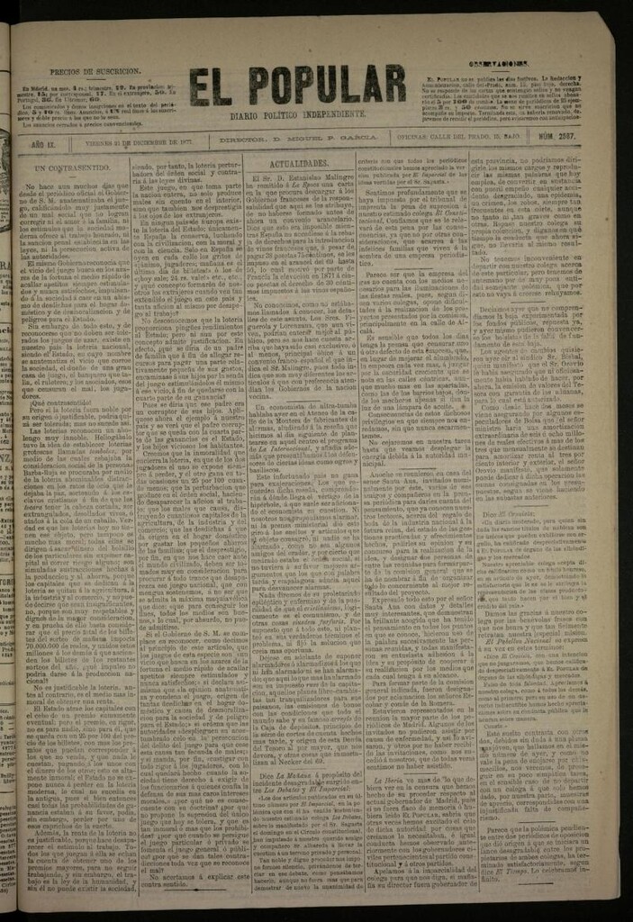 Miniatura de El Popular: diario independiente, político, literario y de noticias de interés general del 21 de diciembre de 1877, nº 2567