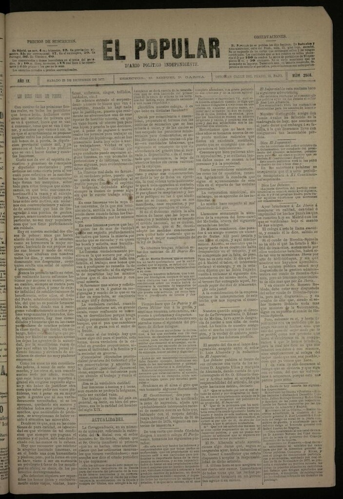 Miniatura de El Popular: diario independiente, político, literario y de noticias de interés general del 22 de diciembre de 1877, nº 2568