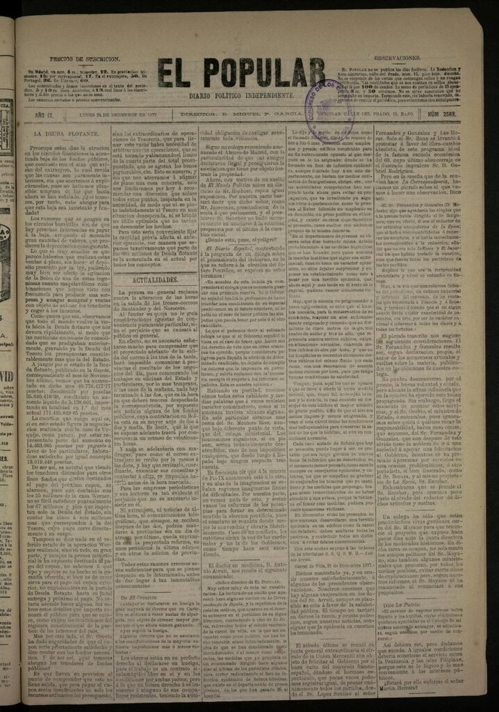 Miniatura de El Popular: diario independiente, político, literario y de noticias de interés general del 24 de diciembre de 1877, nº 2569