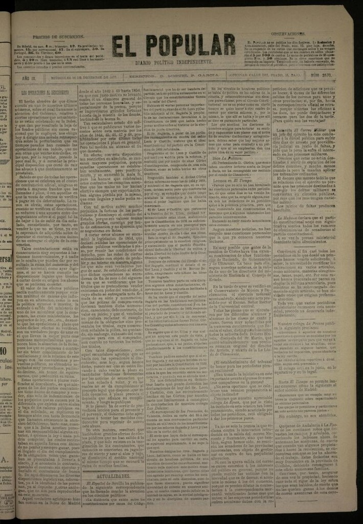 Miniatura de El Popular: diario independiente, político, literario y de noticias de interés general del 26 de diciembre de 1877, nº 2570