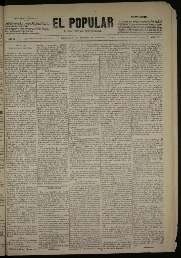 Miniatura de El Popular: diario independiente, político, literario y de noticias de interés general del 27 de diciembre de 1877, nº 2571