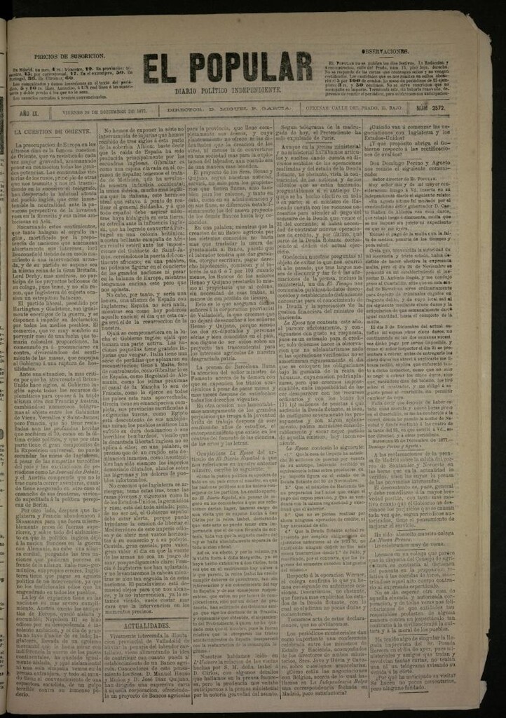 Miniatura de El Popular: diario independiente, político, literario y de noticias de interés general del 28 de diciembre de 1877, nº 2572