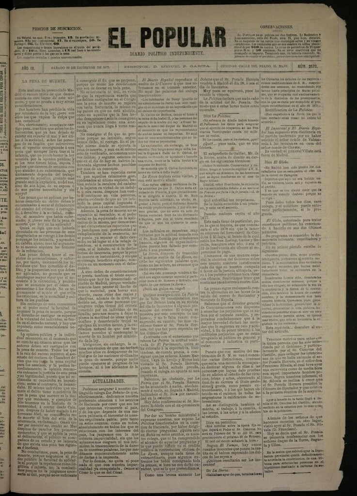 Miniatura de El Popular: diario independiente, político, literario y de noticias de interés general del 29 de diciembre de 1877, nº 2573