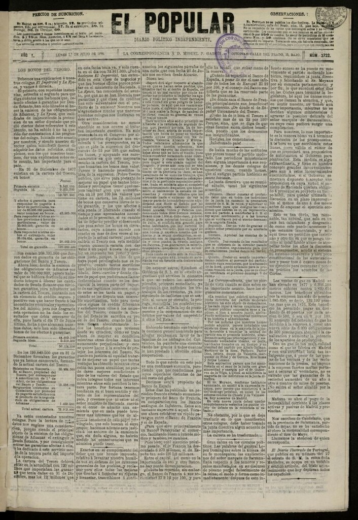 Miniatura de El Popular: diario independiente, político, literario y de noticias de interés general del 1 de julio de 1878, nº 2722