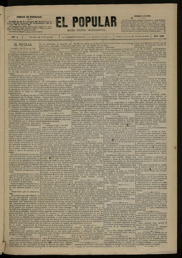 Miniatura de El Popular: diario independiente, político, literario y de noticias de interés general del 4 de julio de 1878, nº 2725