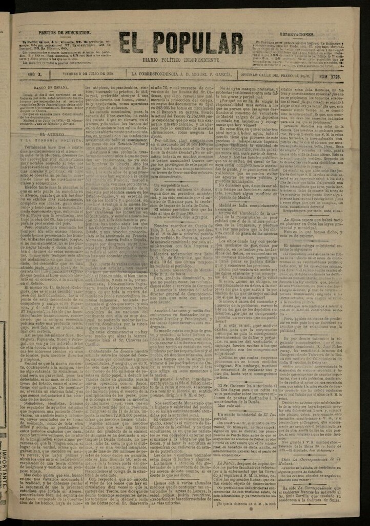 Miniatura de El Popular: diario independiente, político, literario y de noticias de interés general del 5 de julio de 1878, nº 2726