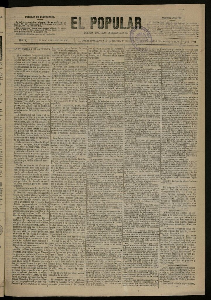 Miniatura de El Popular: diario independiente, político, literario y de noticias de interés general del 6 de julio de 1878, nº 2727