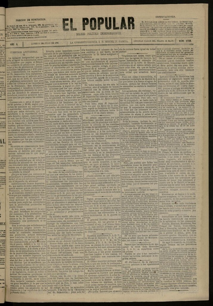 Miniatura de El Popular: diario independiente, político, literario y de noticias de interés general del 8 de julio de 1878, nº 2728