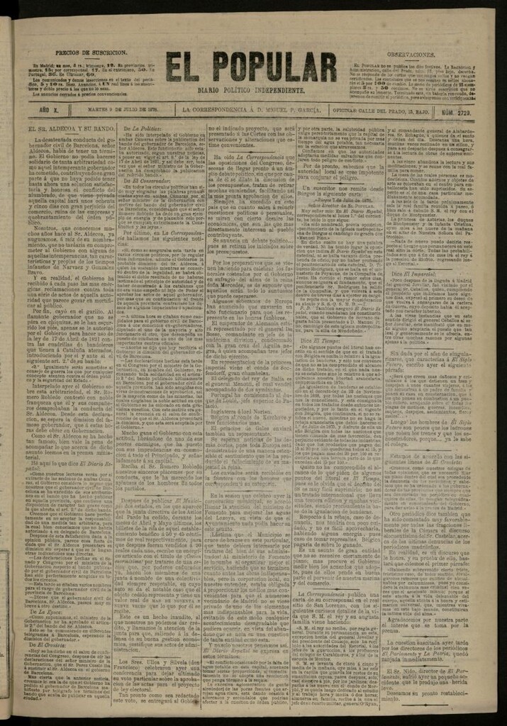 Miniatura de El Popular: diario independiente, político, literario y de noticias de interés general del 9 de julio de 1878, nº 2729