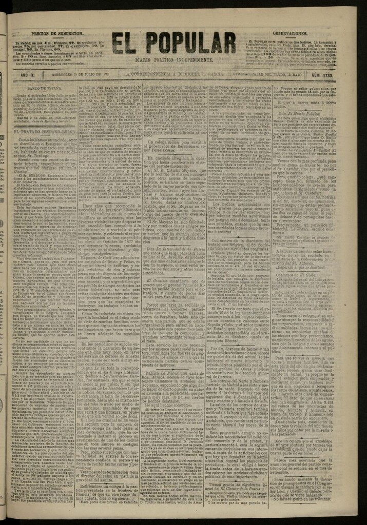 Miniatura de El Popular: diario independiente, político, literario y de noticias de interés general del 10 de julio de 1878, nº 2730