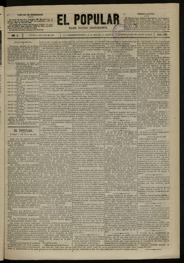 Miniatura de El Popular: diario independiente, político, literario y de noticias de interés general del 11 de julio de 1878, nº 2731