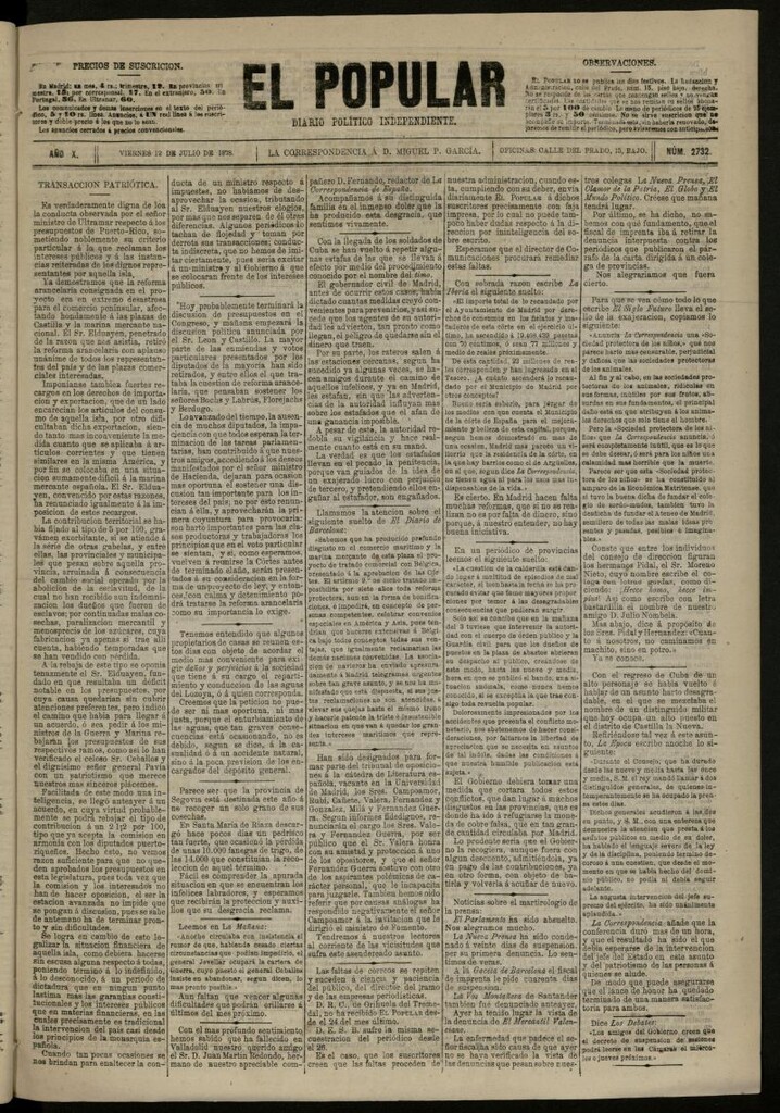 Miniatura de El Popular: diario independiente, político, literario y de noticias de interés general del 12 de julio de 1878, nº 2732