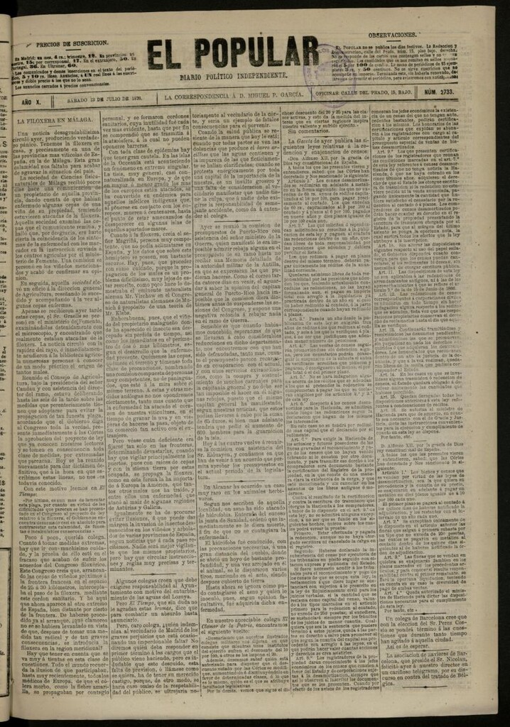 Miniatura de El Popular: diario independiente, político, literario y de noticias de interés general del 13 de julio de 1878, nº 2733