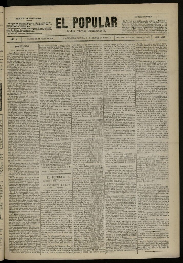 Miniatura de El Popular: diario independiente, político, literario y de noticias de interés general del 16 de julio de 1878, nº 2735