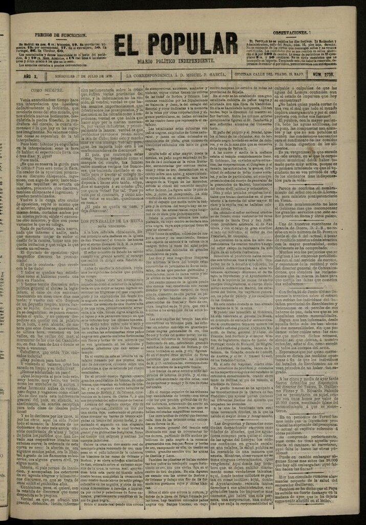 Miniatura de El Popular: diario independiente, político, literario y de noticias de interés general del 17 de julio de 1878, nº 2736