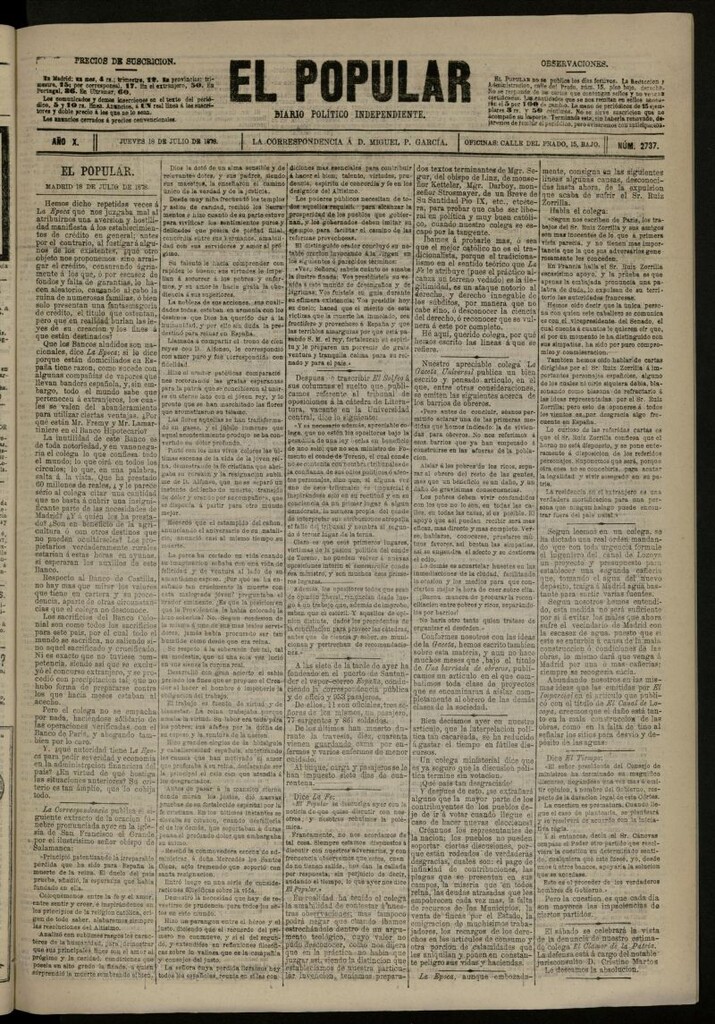 Miniatura de El Popular: diario independiente, político, literario y de noticias de interés general del 18 de julio de 1878, nº 2737
