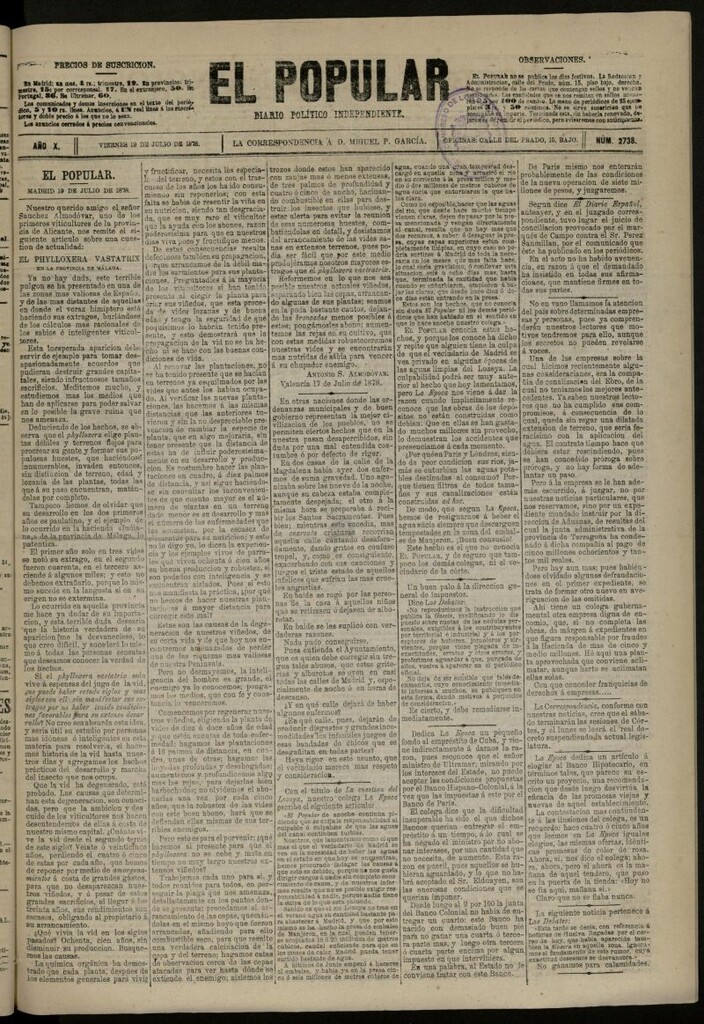Miniatura de El Popular: diario independiente, político, literario y de noticias de interés general del 19 de julio de 1878, nº 2738