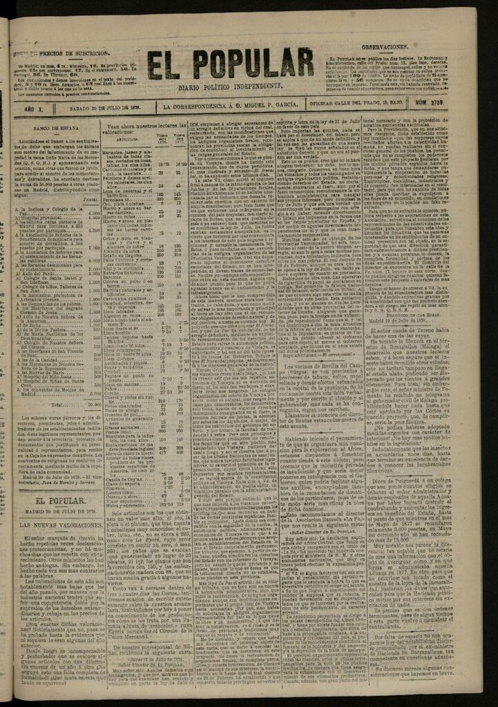 Miniatura de El Popular: diario independiente, político, literario y de noticias de interés general del 20 de julio de 1878, nº 2739