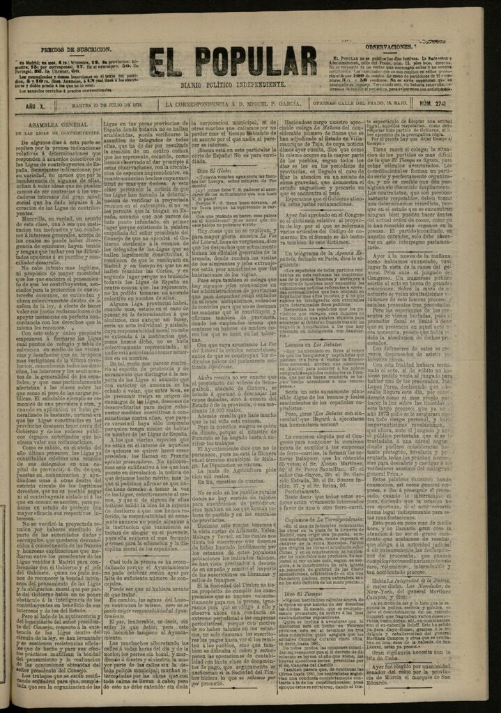 Miniatura de El Popular: diario independiente, político, literario y de noticias de interés general del 23 de julio de 1878, nº 2741