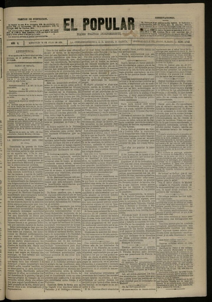 Miniatura de El Popular: diario independiente, político, literario y de noticias de interés general del 24 de julio de 1878, nº 2742
