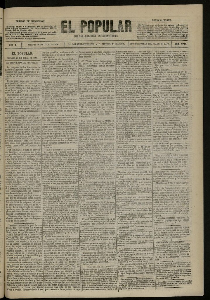 Miniatura de El Popular: diario independiente, político, literario y de noticias de interés general del 26 de julio de 1878, nº 2743