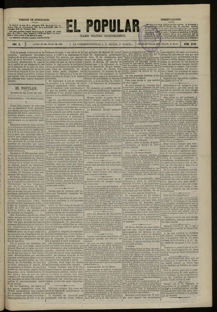 Miniatura de El Popular: diario independiente, político, literario y de noticias de interés general del 29 de julio de 1878, nº 2745