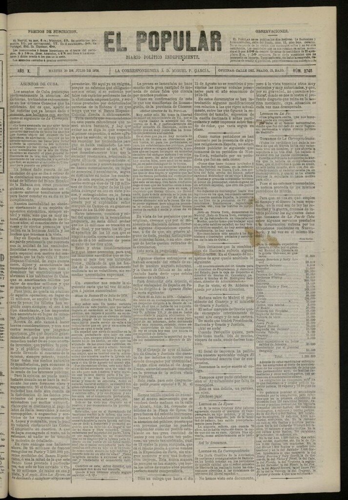 Miniatura de El Popular: diario independiente, político, literario y de noticias de interés general del 30 de julio de 1878, nº 2748