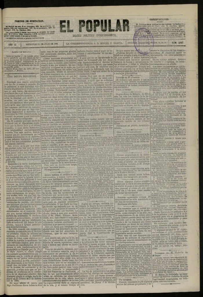 Miniatura de El Popular: diario independiente, político, literario y de noticias de interés general del 31 de julio de 1878, nº 2747