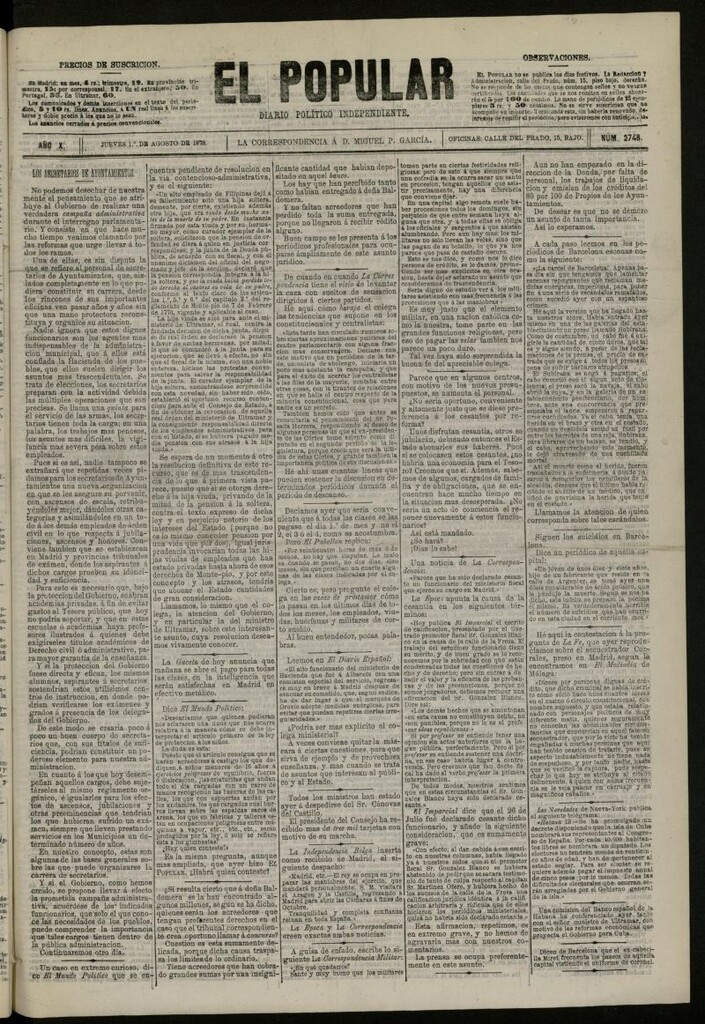 Miniatura de El Popular: diario independiente, político, literario y de noticias de interés general del 1 de agosto de 1878, nº 2748