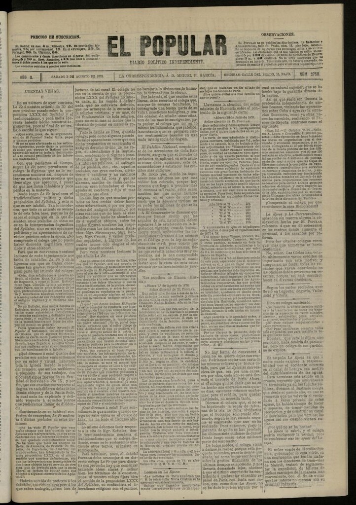 Miniatura de El Popular: diario independiente, político, literario y de noticias de interés general del 3 de agosto de 1878, nº 2750