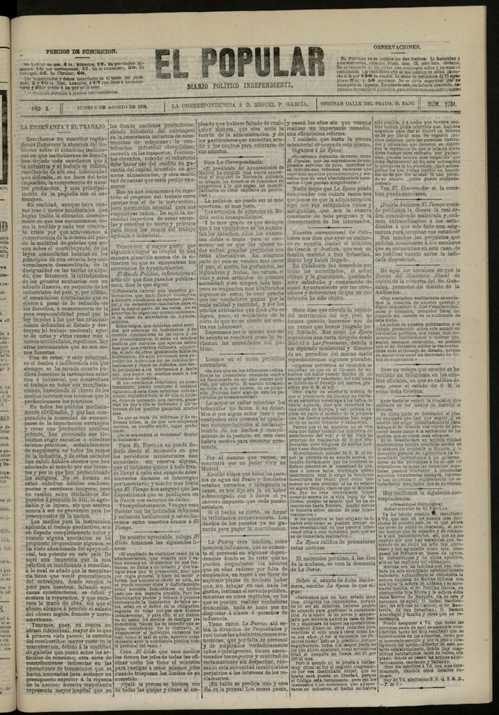 Miniatura de El Popular: diario independiente, político, literario y de noticias de interés general del 5 de agosto de 1878, nº 2751