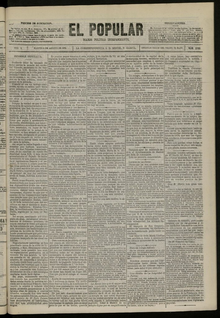 Miniatura de El Popular: diario independiente, político, literario y de noticias de interés general del 6 de agosto de 1878, nº 2752