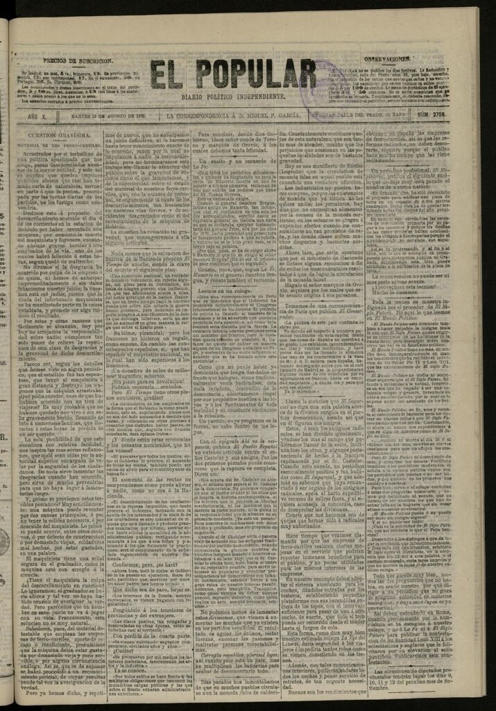 Miniatura de El Popular: diario independiente, político, literario y de noticias de interés general del 13 de agosto de 1878, nº 2758