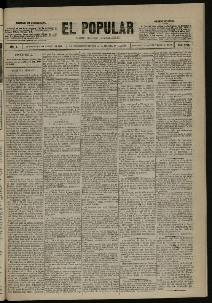 Miniatura de El Popular: diario independiente, político, literario y de noticias de interés general del 14 de agosto de 1878, nº 2759