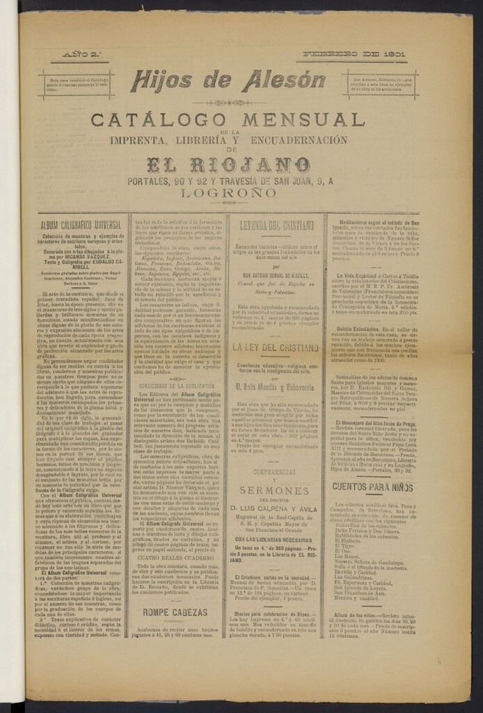 Miniatura de Catálogo Mensual de la Imprenta, Librería y Encuadernación de El Riojano