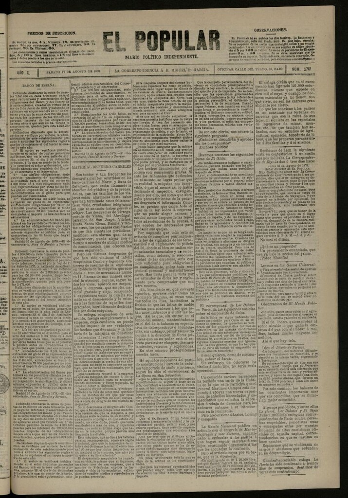 Miniatura de El Popular: diario independiente, político, literario y de noticias de interés general del 17 de agosto de 1878, nº 2761