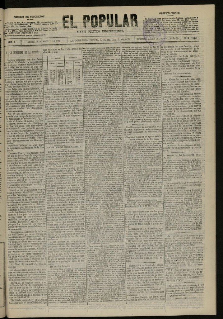 Miniatura de El Popular: diario independiente, político, literario y de noticias de interés general del 19 de agosto de 1878, nº 2762