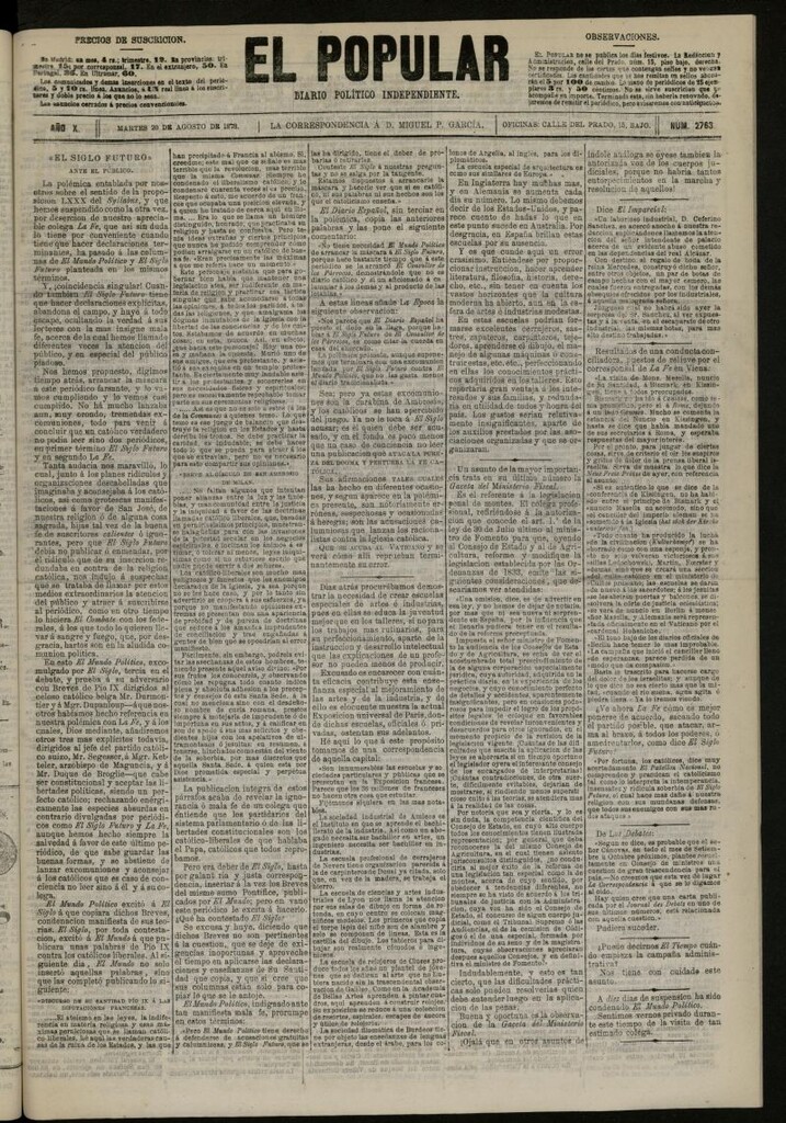 Miniatura de El Popular: diario independiente, político, literario y de noticias de interés general del 20 de agosto de 1878, nº 2763